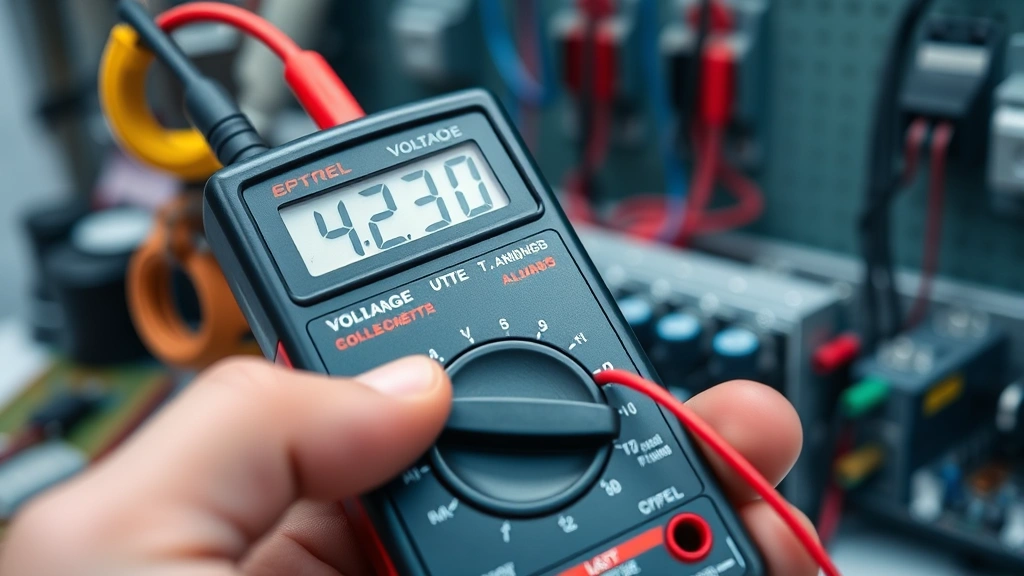 Close-up of a hand holding a digital multimeter with red and black probes positioned on relay pins mounted on a circuit board, showing the display screen with voltage reading, professional electrical workshop background