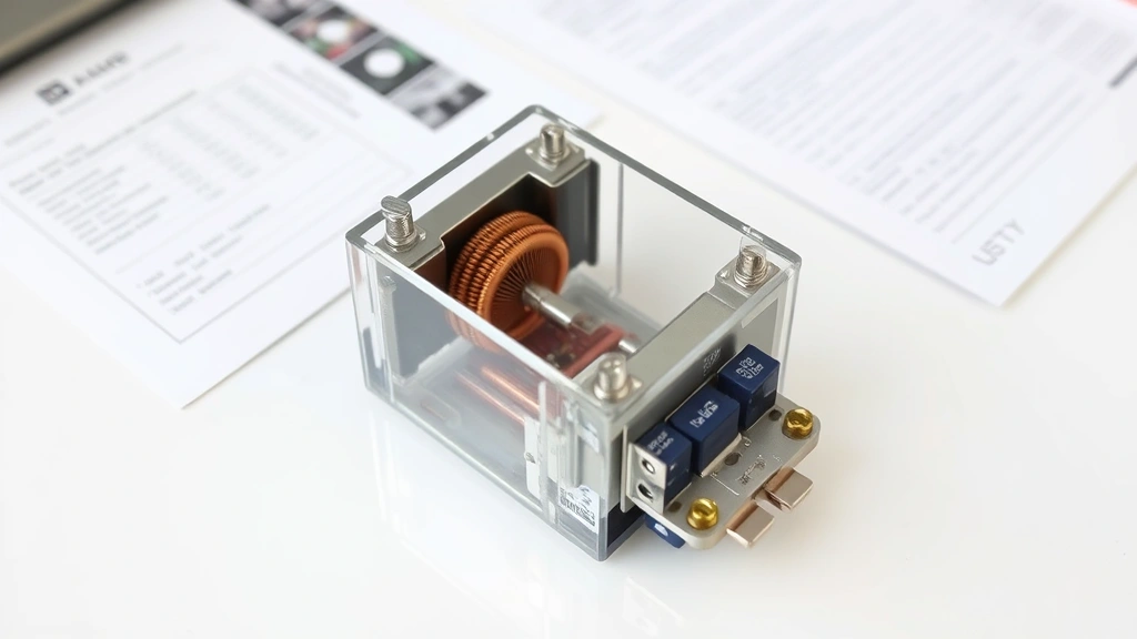 A relay component disassembled showing internal electromagnet coil, metal armature, and switching contacts clearly visible, positioned on a white surface with technical documentation nearby