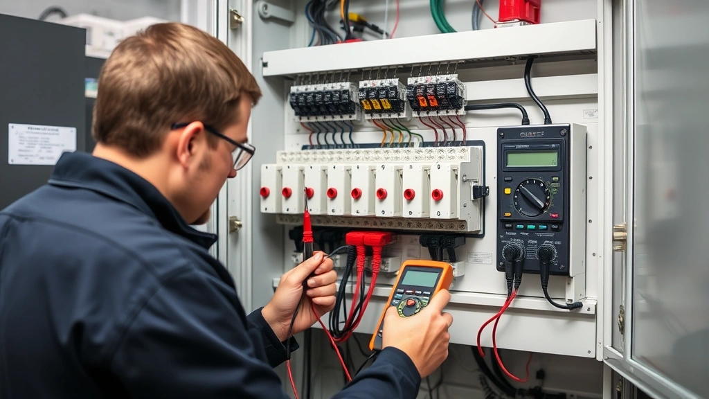 Technician using a voltmeter to test a large industrial relay mounted in an electrical panel, probes carefully placed on terminal connections, panel door open showing multiple relays and wiring