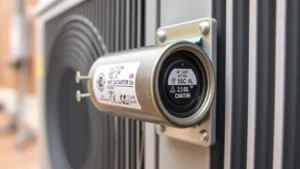 Close-up of a cylindrical air conditioning capacitor mounted on metal bracket showing terminals and rating label, with blurred outdoor AC unit background