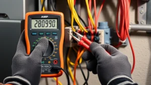Digital multimeter with dial set to AC amp measurement setting, probes connected in series with a residential electrical circuit, hands in safety gloves holding probes against wire connection points, bright workshop lighting
