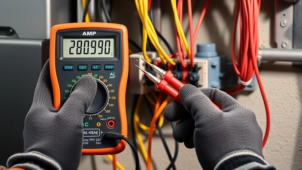Digital multimeter with dial set to AC amp measurement setting, probes connected in series with a residential electrical circuit, hands in safety gloves holding probes against wire connection points, bright workshop lighting