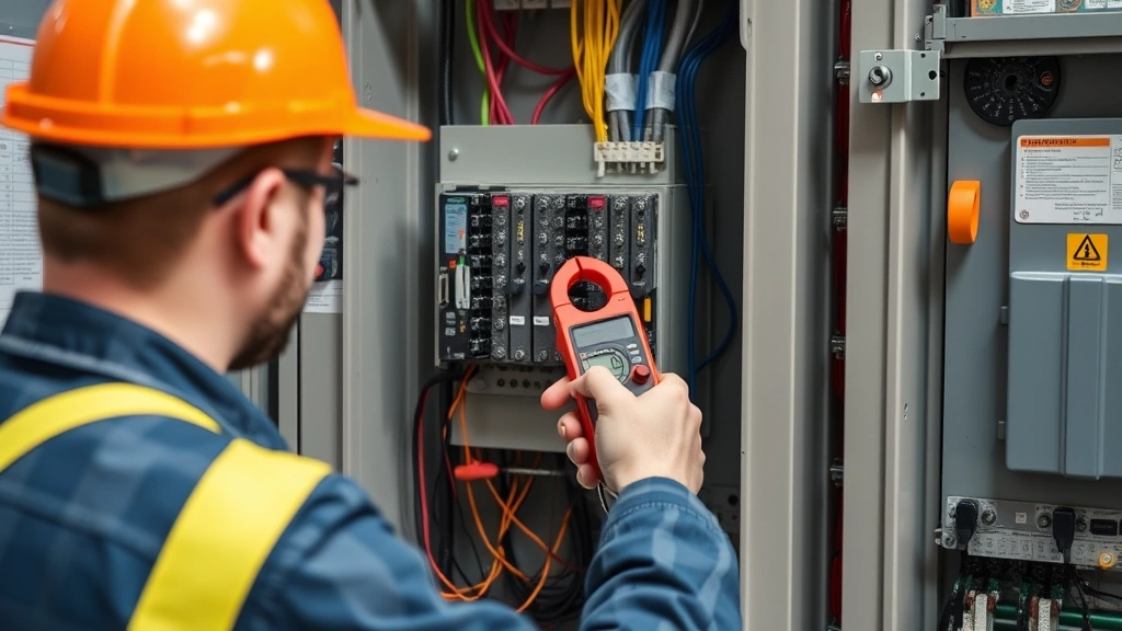 Electrician using clamp meter around single conductor in electrical panel without disconnecting wires, meter display showing current reading, professional safety equipment visible, industrial electrical environment