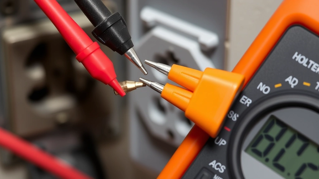 Close-up of multimeter probe tips making contact with disconnected wire ends during amp measurement setup, showing proper series connection configuration, clear view of meter display, residential outlet and wiring visible