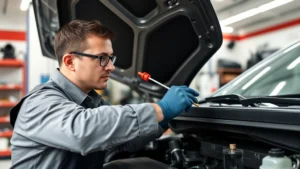 Professional mechanic checking transmission dipstick on vehicle engine bay, clean well-lit workshop, dipstick clearly visible with red handle, technician wearing gloves and safety glasses examining fluid level