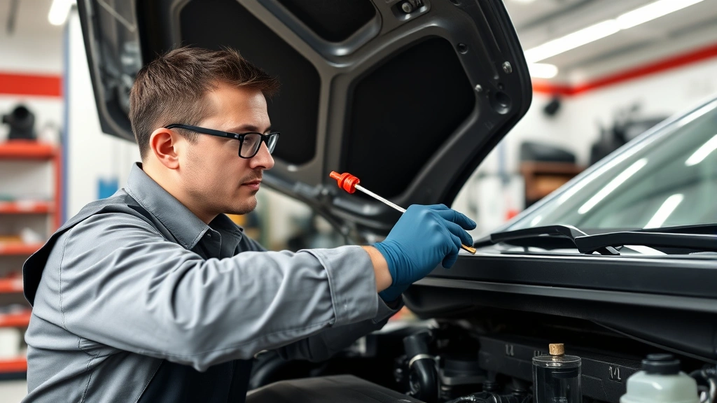 Professional mechanic checking transmission dipstick on vehicle engine bay, clean well-lit workshop, dipstick clearly visible with red handle, technician wearing gloves and safety glasses examining fluid level