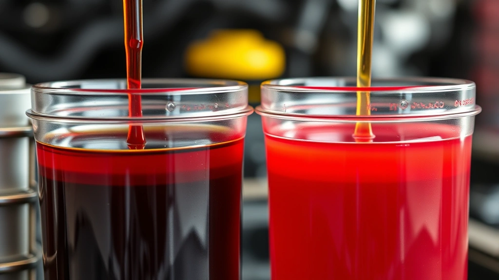 Close-up of transmission fluid colors comparison - bright red healthy fluid next to dark brown oxidized fluid in clear containers, proper lighting showing color difference clearly, professional automotive shop setting