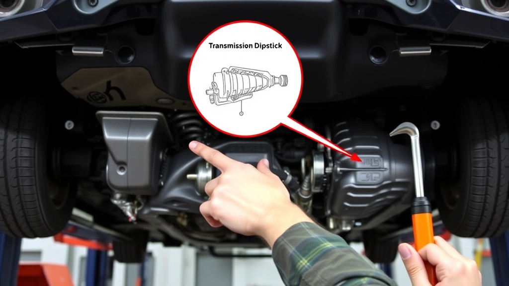 Transmission pan and dipstick location diagram visualization, mechanic pointing to transmission components under vehicle on lift, clean engine bay background, proper tool positioning for fluid checking