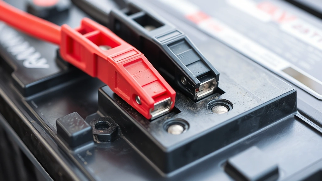 Close-up of car battery terminals showing clean corrosion-free connections with red and black cable clamps attached to a twelve-volt lead-acid battery