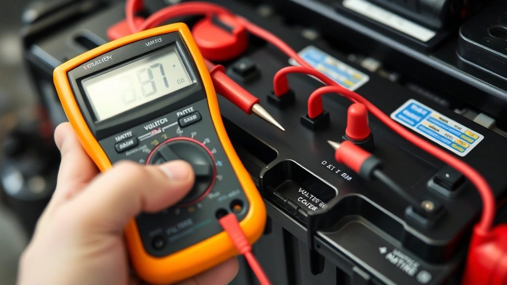 Technician holding digital multimeter probes against battery terminals measuring voltage, with clear display visible showing battery test reading