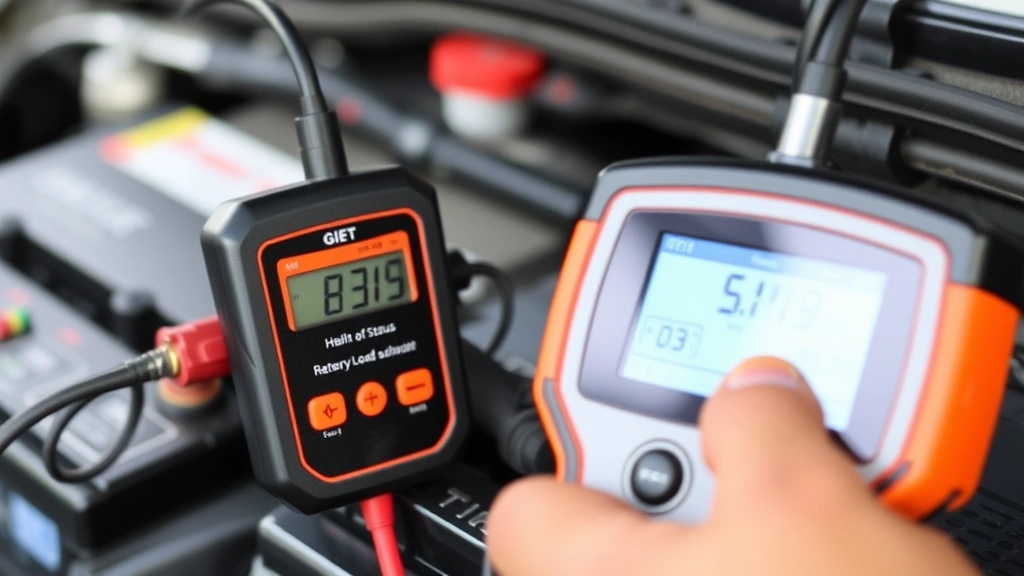 Professional battery load tester clamped to vehicle battery with digital display screen showing health status results and remaining lifespan estimate