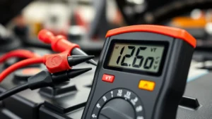 Close-up of digital multimeter display showing 12.6 volt reading with red and black test probes connected to automotive battery terminals, professional automotive workshop background