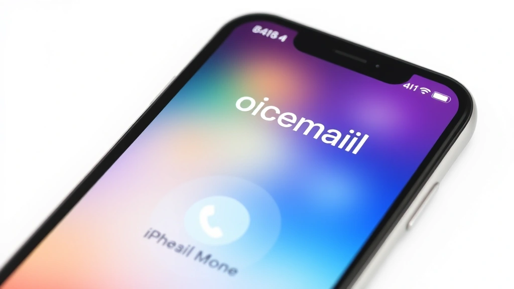 Closeup of iPhone screen showing voicemail app interface with phone icon at bottom, clean modern design, bright white background