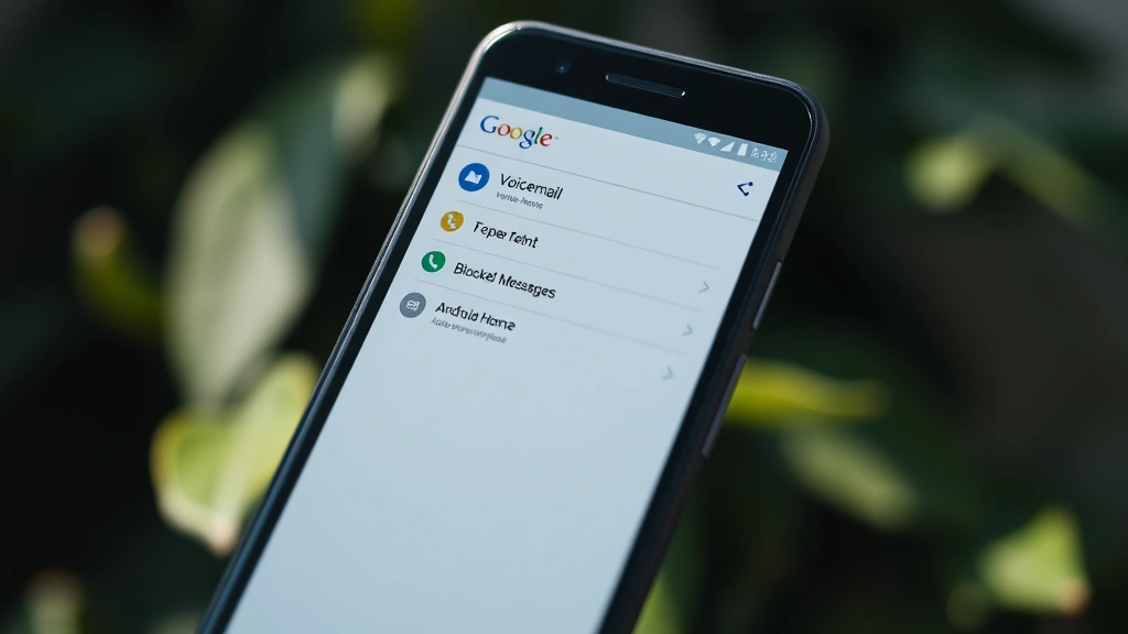 Android smartphone displaying Google Phone app with voicemail section open, blocked messages folder visible, natural lighting