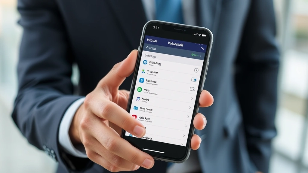 Person holding smartphone looking at voicemail settings menu, professional appearance, modern device, clear screen display