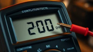Close-up of a digital multimeter display screen showing zero ohms with continuity beep symbol, red and black test leads positioned on a copper wire, warm workshop lighting