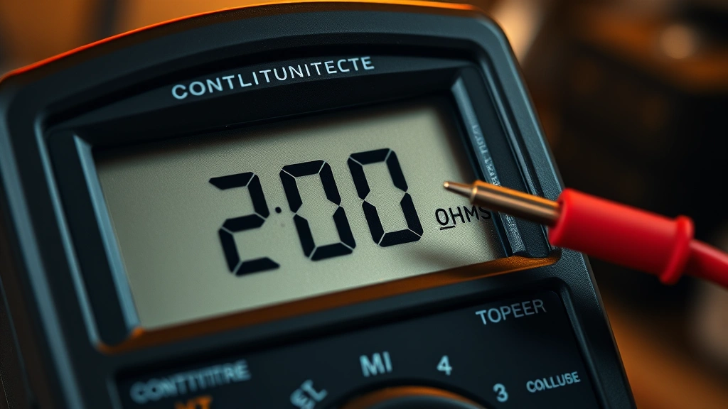 Close-up of a digital multimeter display screen showing zero ohms with continuity beep symbol, red and black test leads positioned on a copper wire, warm workshop lighting