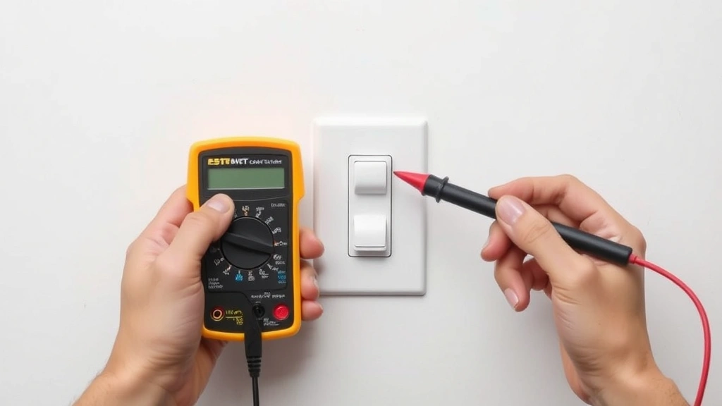 Hands holding a digital multimeter with test leads touching opposite ends of a light switch component in an electrical testing setup, neutral background