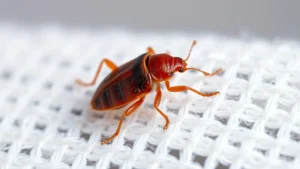 Close-up macro photography of a bed bug on white cotton fabric, showing detailed body structure and reddish-brown coloring, professional entomology documentation style, bright natural lighting, extreme detail