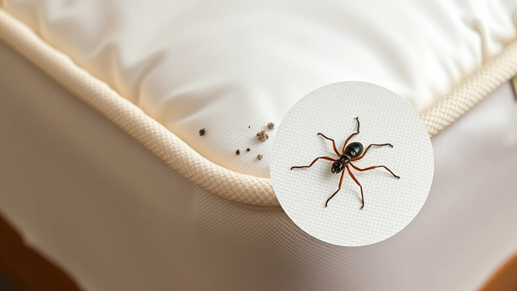 Hotel mattress corner seam detail showing small dark fecal spots and shed exoskeleton debris on beige fabric piping, magnified inspection view, daylight photography