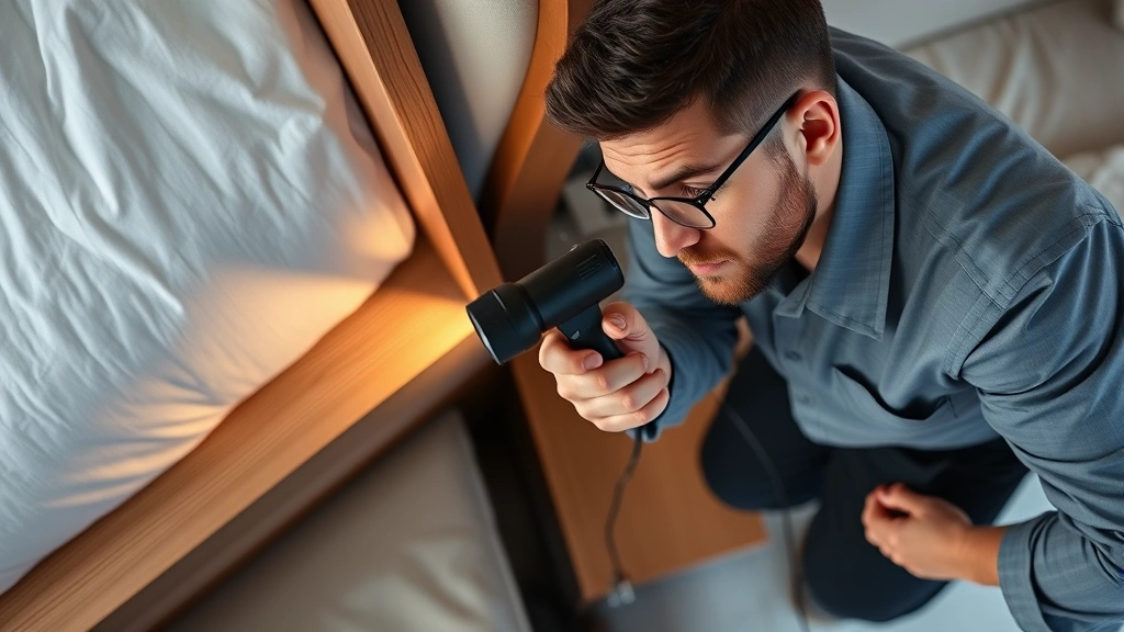 Professional pest inspector examining hotel bed frame joint with flashlight and magnifying glass, checking wooden corners for bed bug signs, realistic hotel bedroom setting, overhead perspective
