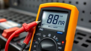 Close-up of a digital multimeter set to DC milliamp setting, with red and black probes connected in series between a car battery terminal and cable, showing approximately 85 mA reading on display, professional automotive workshop background with metal workbench
