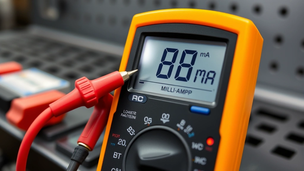 Close-up of a digital multimeter set to DC milliamp setting, with red and black probes connected in series between a car battery terminal and cable, showing approximately 85 mA reading on display, professional automotive workshop background with metal workbench