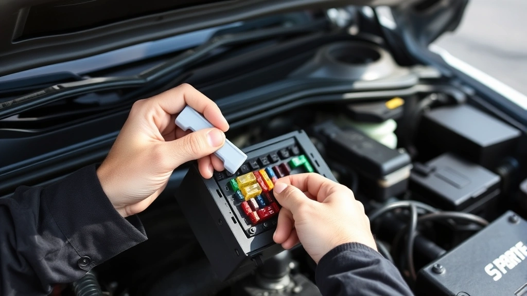 Mechanic's hands removing a fuse from an underhood fuse box using a plastic fuse puller tool, fuse box clearly visible with organized fuse layout, natural daylight illuminating engine compartment, professional safety glasses worn