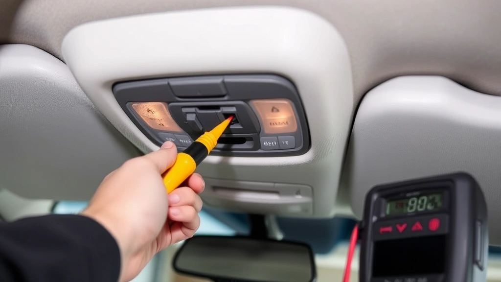 Interior view of a vehicle dashboard showing an interior dome light being tested with a multimeter probe, demonstrating light switch inspection, clean modern car interior with upholstered headliner visible, diagnostic equipment setup clearly shown