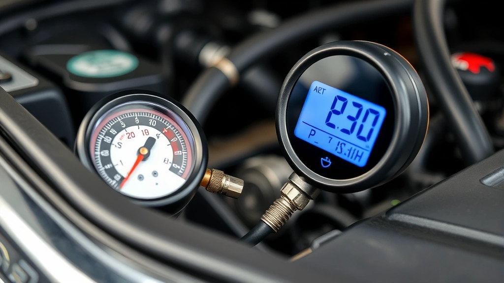 Close-up of a digital fuel pressure gauge connected to a vehicle's fuel rail test port in an engine bay, showing clear PSI reading on display screen, professional automotive workshop setting