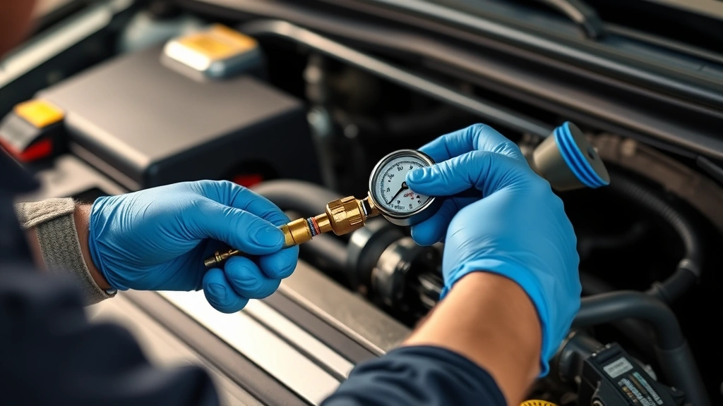 Mechanic's hands wearing blue nitrile gloves installing a fuel pressure gauge adapter onto a Schrader valve test port on a modern vehicle fuel rail, well-lit engine compartment