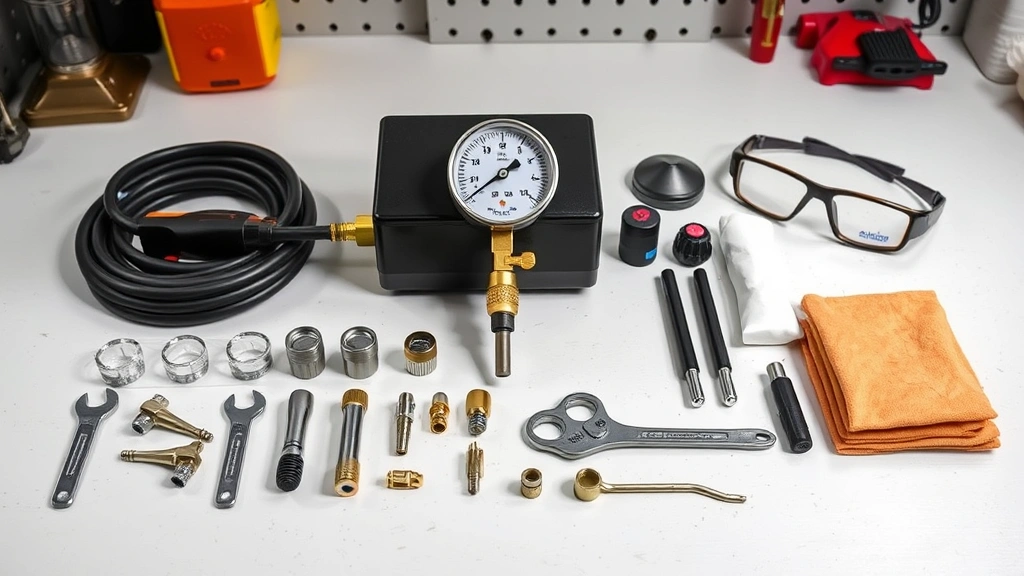 Complete fuel pressure testing kit laid out on a clean workbench including gauge, various adapter connectors, wrenches, safety glasses, and absorbent materials, organized professional display