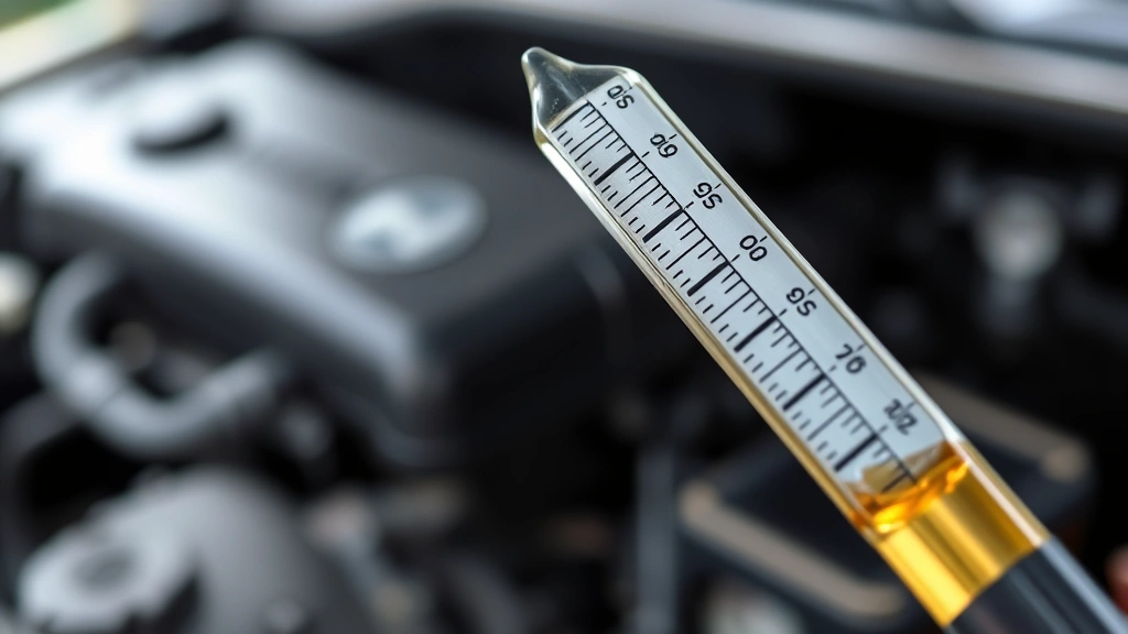 Close-up of a car dipstick being pulled from the engine with oil visible on the measurement end, showing the minimum and maximum marks clearly against a blurred engine background