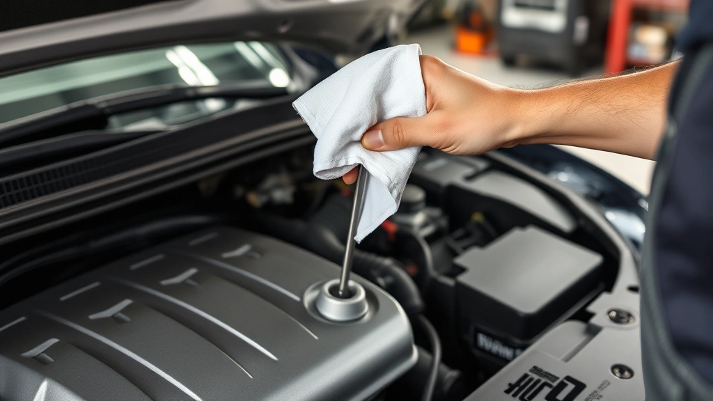 Mechanic wiping a clean dipstick with a white cloth over an open engine compartment, demonstrating proper cleaning technique before reinserting the dipstick