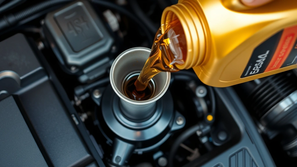 Overhead view of pouring golden engine oil into an oil funnel inserted into an engine's oil filler cap, showing proper oil addition technique without spilling