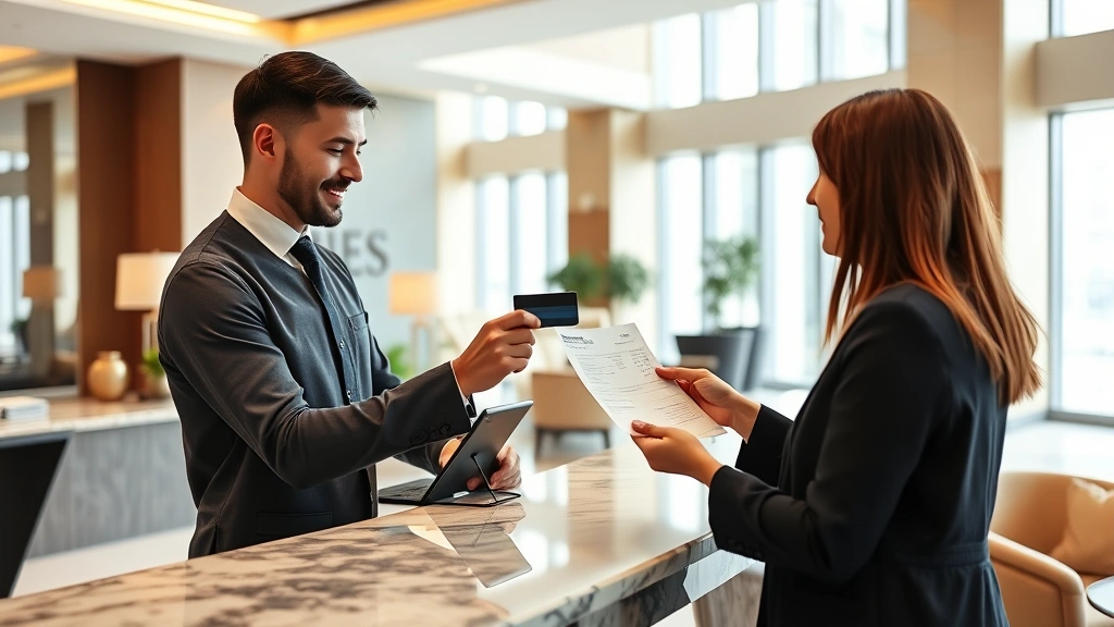 Professional hotel front desk clerk assisting guest with final payment and receipt during daytime checkout, modern hotel lobby with marble countertop, guest holding credit card and itemized bill, natural lighting through large windows