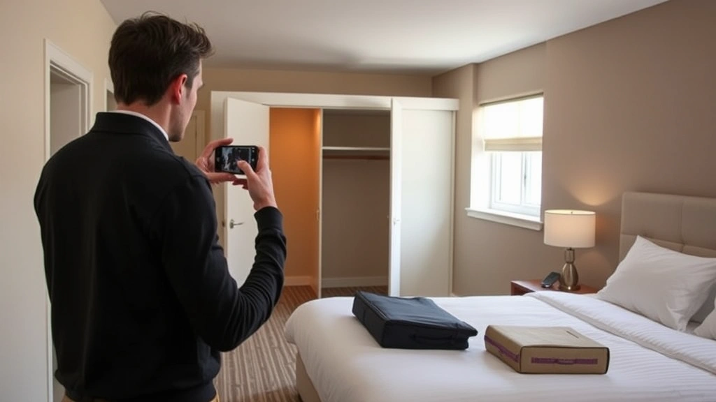 Guest conducting walkthrough inspection of empty hotel room, checking under bed and closet spaces, taking photos of room condition with smartphone, daylight from windows, organized packing visible