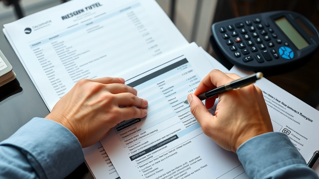 Close-up of hands reviewing itemized hotel bill and receipt on desk, comparing charges against reservation confirmation printout, calculator and pen visible, organized documentation spread out