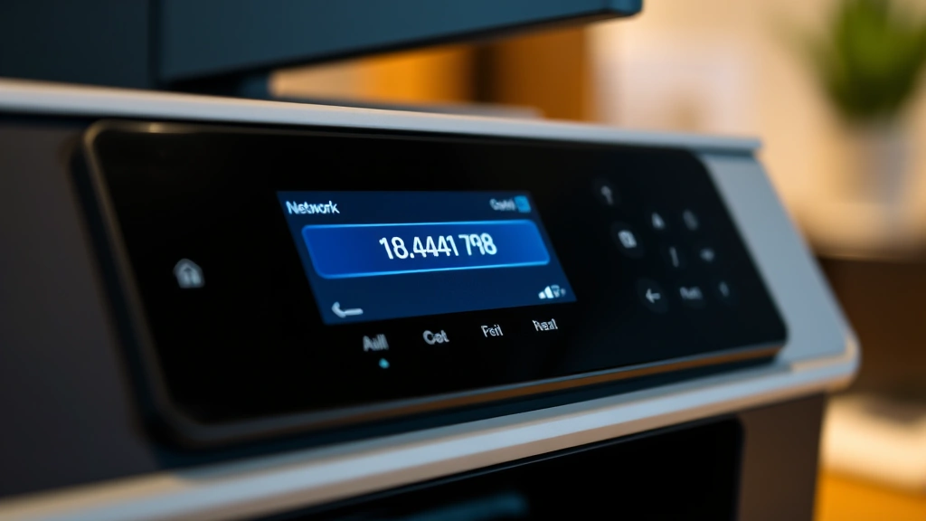 Close-up of printer control panel display showing network settings menu with IP address highlighted on screen, warm office lighting
