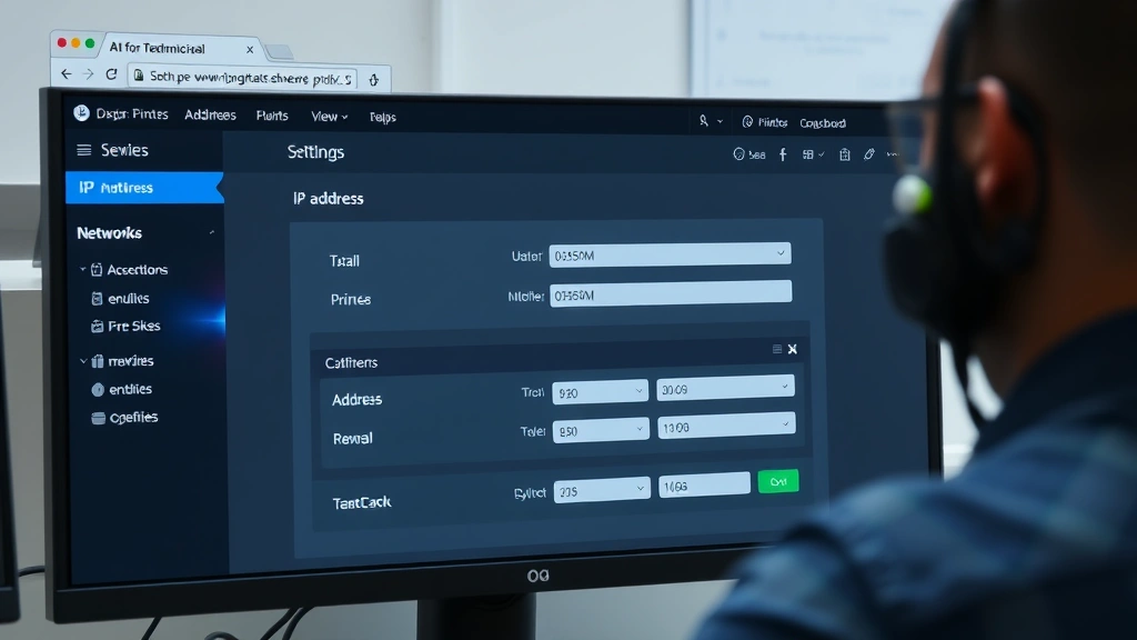 Technician accessing computer with printer web interface open in browser, showing network configuration dashboard with IP address fields visible