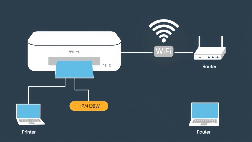 Network diagram visualization showing printer connected to home Wi-Fi network with IP address label, router, and other devices illustrated