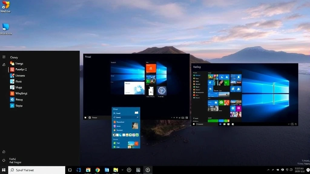 Windows 11 Task View screen with multiple virtual desktops displayed, showing organized application windows across different desktop spaces, modern UI design