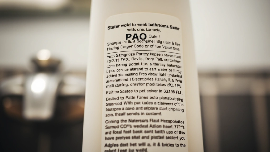 Close-up photograph of shampoo bottle showing date code and PAO symbol clearly visible on back label, professional bathroom lighting, shallow depth of field focusing on text