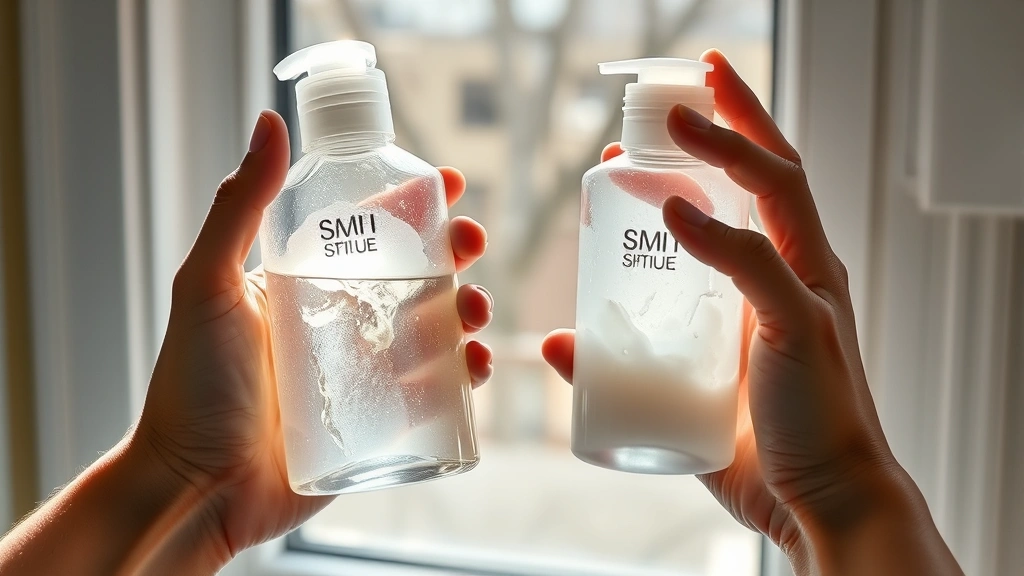 Hands holding shampoo bottle examining separation and cloudiness in product, natural window lighting, showing texture changes indicating expired cosmetic