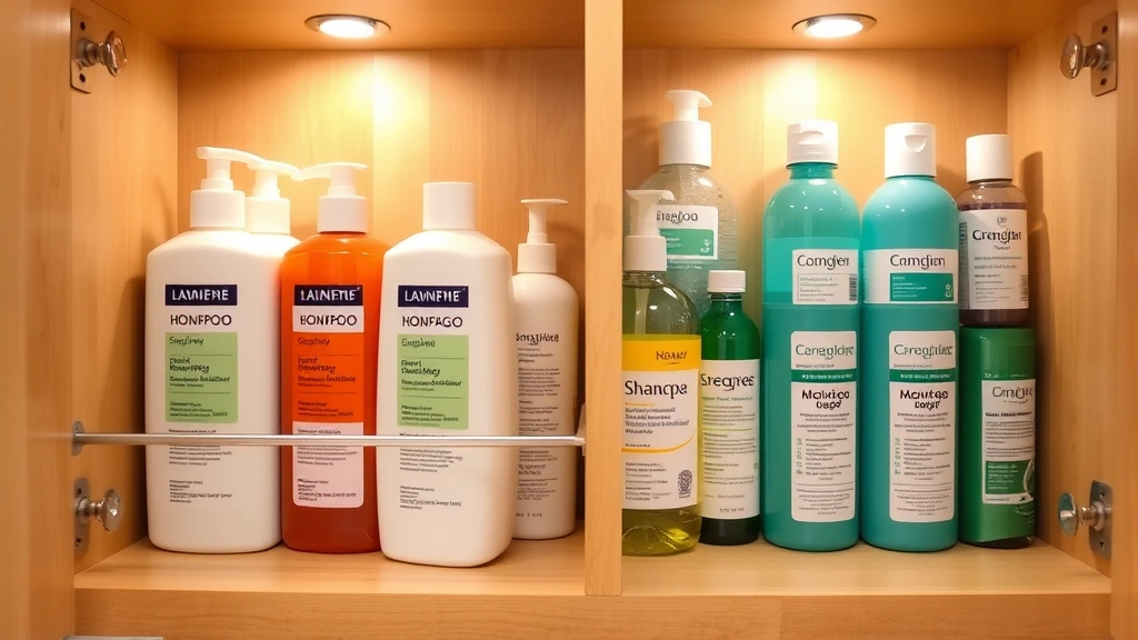 Organized bathroom cabinet with multiple shampoo bottles arranged by date, medicine cabinet interior with clear labeling system, organized storage demonstrating best practices