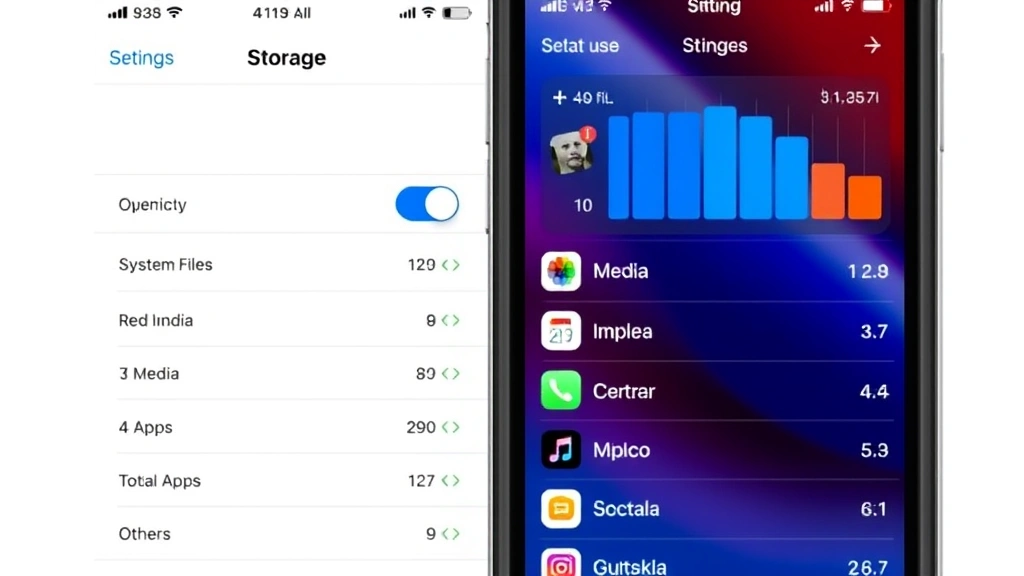 iPhone Settings app screen displaying iPhone Storage menu with colorful storage usage bar chart and app list ranked by file size, showing blue system files, red media, green apps, and yellow other data categories in realistic interface design