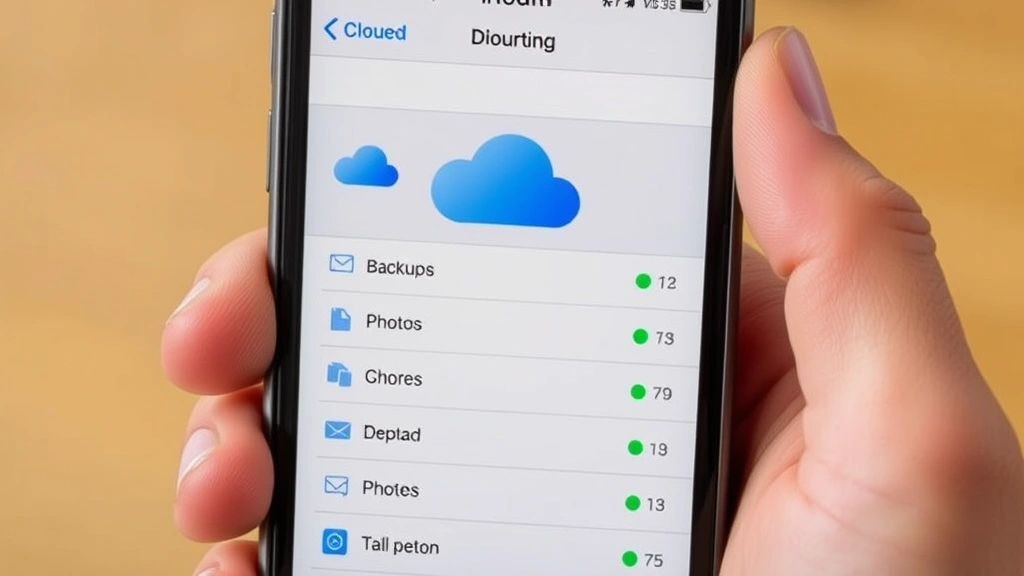 Person's hand holding iPhone showing iCloud storage management screen with visual storage capacity indicator and detailed breakdown categories including backups, photos, documents, and mail in modern iOS interface