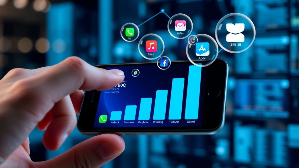 Smartphone storage optimization visualization showing apps with different sizes displayed as bubbles and bars, with hand gesturing toward largest consuming applications on device screen in contemporary tech environment