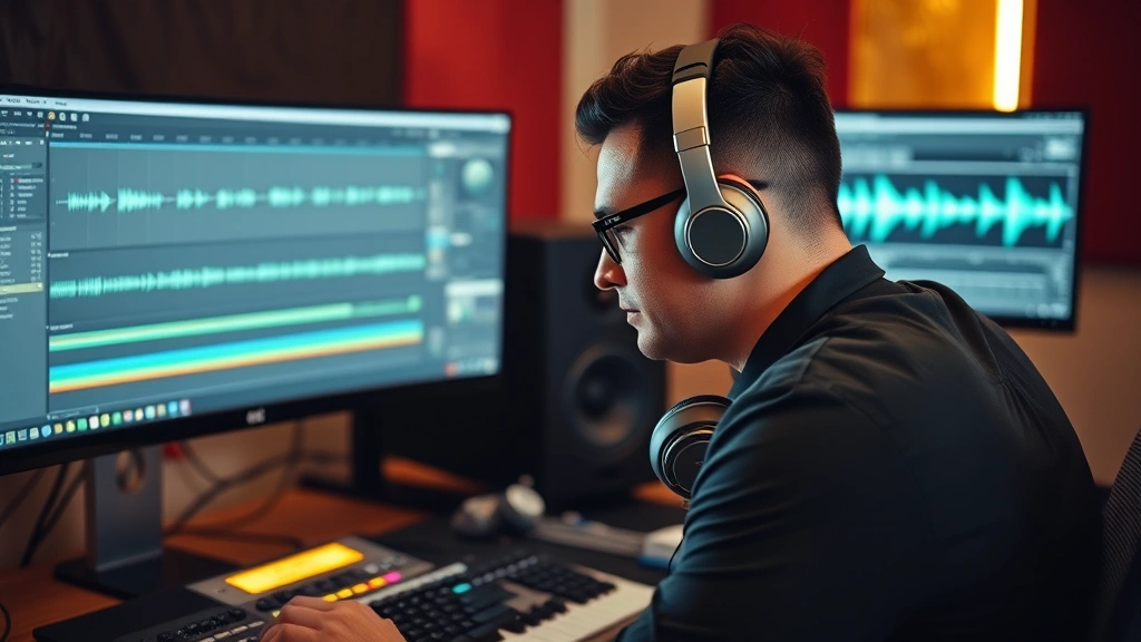 Professional music producer at desktop workstation with dual monitors displaying audio waveforms and beat production software, studio headphones around neck, focused expression analyzing music data