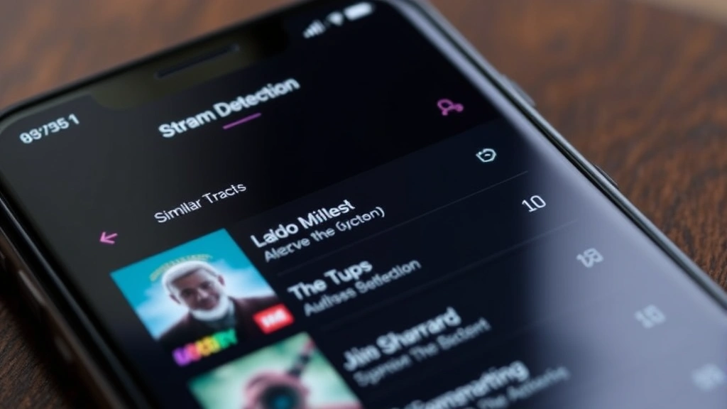 Close-up of smartphone screen showing streaming platform interface with multiple similar track listings, highlighting duplicate beat detection across music services